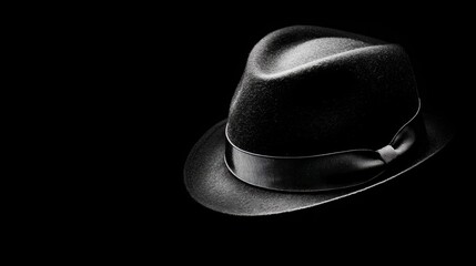 A black fedora hat with a black ribbon.