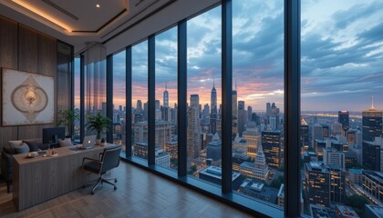 Obraz premium Serene Evening Cityscape from Luxurious Office