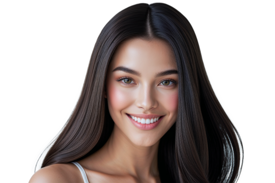 Radiant Portrait: A portrait of a beautiful young woman with cascading, dark hair, her gentle smile illuminating the image, revealing a glimpse of her inner radiance. 
