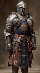 Detailed medieval knight in ornate armor with heraldic symbols on fabric tunic.