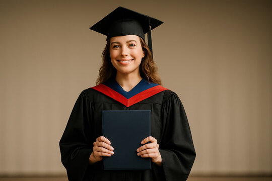 Portrait d&rsquo;une jeune dipl&ocirc;m&eacute;e souriante en toge universitaire noire tenant son dipl&ocirc;me sur fond neutre, espace vide pour ajout de texte, photo professionnelle r&eacute;aliste