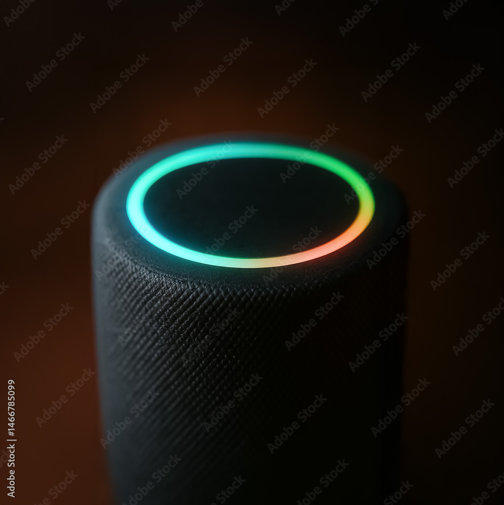 Poster close-up of a smart speaker with glowing multicolor led ring on top, indicating voice assistant acti