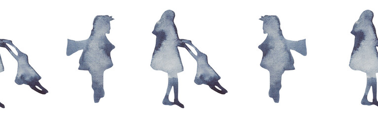 Watercolor border with silhouettes of a baby and mom.Brush strokes in the form of blue silhouettes of bear.Silhouette of toy on white background.	