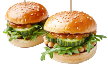 Gourmet vegan burgers layered with greens cucumber  spiced chickpeas skewered on dark