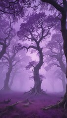 Naklejka premium A swirling violet mist shrouds ancient trees, creating an eerie scene , veil, secrets