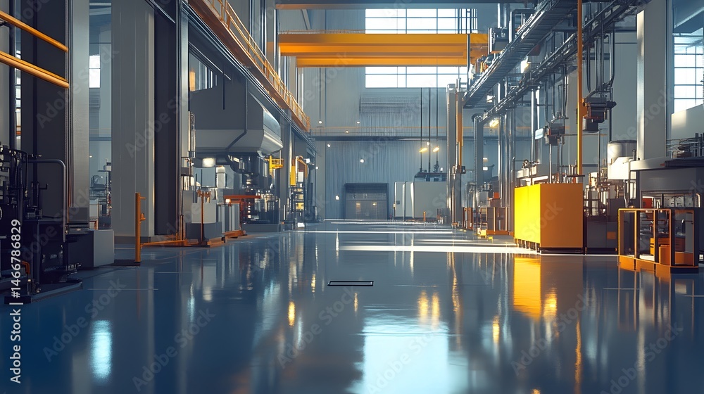 Poster a large industrial building with a yellow crane hanging from the ceiling. the building is empty and 