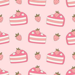 Cute hand drawn cartoon seamless vector pattern illustration with strawberry slice cakes on pink background