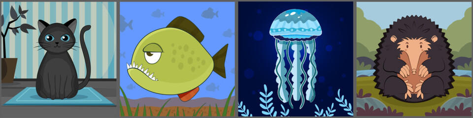 A set of vector children's illustrations with animals. A kitten, a piranha, a jellyfish in the sea, an Australian echidna. Funny parody cartoon characters.
