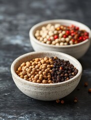Close up of colorful peppercorns in ceramic bowls on dark surface studio shot food photography from above
