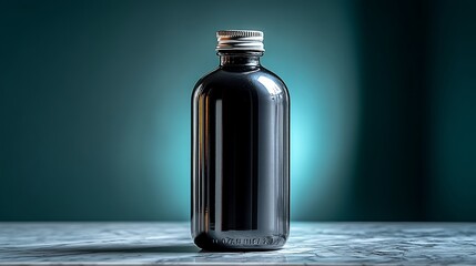 Opaque black glass bottle with silver lid on marble surface