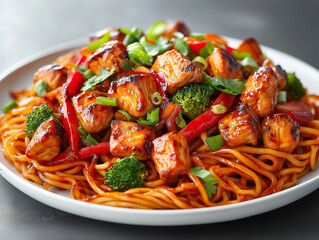 Vibrant Chicken Chow Mein &ndash; Thick Noodles, Colorful Bell Peppers, Fresh Cilantro Garnish