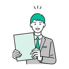 バインダーを抱えて説明するビジネススーツの男性のシンプルな上半身ベクターイラスト