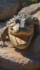 Fototapeta premium Crocodile basking on sun-drenched rock, scales glistening, mouth slightly open Serene reptile portrait , alligator, wildlife, crocodile