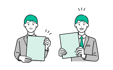 バインダーを抱えて説明するビジネススーツの男性のシンプルな上半身ベクターイラストセット