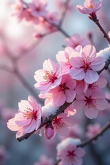 Obraz premium Delicate pink cherry blossoms dusted with fresh snow , cold, snow covered