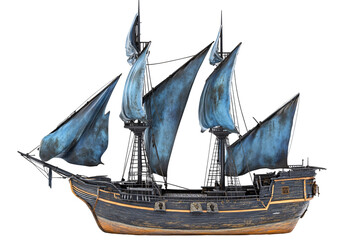 a model of a ship with blue sails