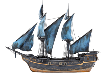 a model of a ship with blue sails