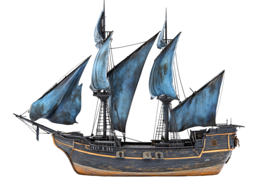 a model of a ship with blue sails