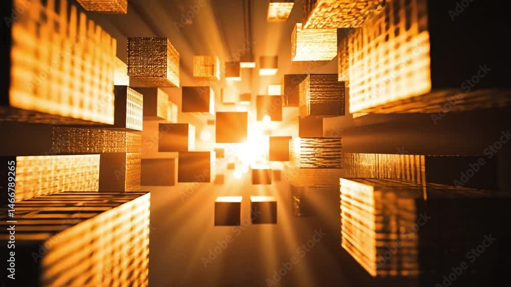 Poster abstract digital art of glowing cubes in dynamic arrangement, radiating warm light and creating sens