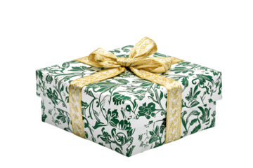 Elegant Green Floral Gift Box with Gold Ribbon on transparent background