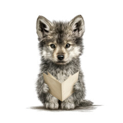 A fluffy wolf cub attentively holds and appears to be reading a book against a clean white background.