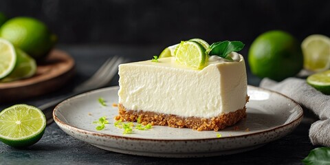 Zesty Key Lime Pie A Slice of Creamy Dessert with a Graham Cracker Crust Topped with Lime Wedges