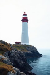 Solitary lighthouse against bright white backdrop, isolated, nature