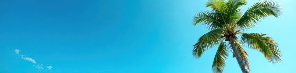 Tall coconut palm tree against vibrant blue sky, leaves, caribbean