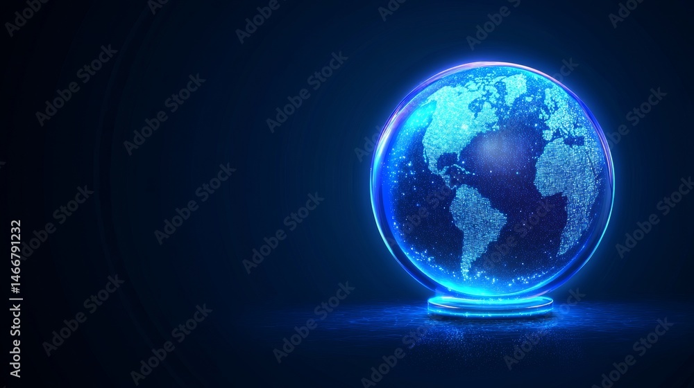 Poster holographic planet earth rotating on blue background. representing global connection and network.