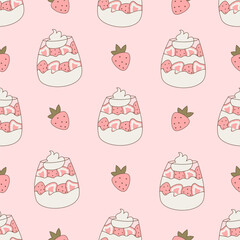  Cute hand drawn seamless vector pattern illustration with glass with strawberry with whipped cream on pink background