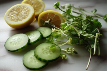 Lemon cucumber slices and mizuna sprigs --ar 3:2 --v 7 Job ID: 2d402b16-fa40-421d-a929-2a09034f7100