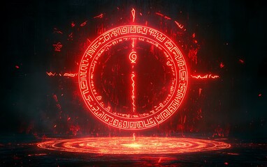 Glowing red portal with ancient symbols and ethereal energy. Dark, mysterious, and magical scene