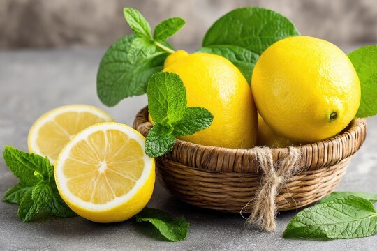 Fresh lemons and mint in a basket - Powered by Adobe