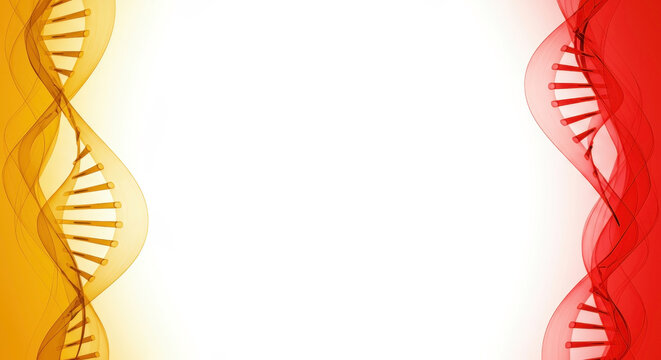 Double DNA helix structures with yellow to red gradient on white background. Mirrored genetic spirals with abstract. Biotechnology. Medical, genetic testing services, pharmaceutical, healthcare