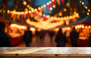 Vintage wood counter facing a crowded night fair with illuminated trees and stalls