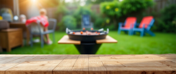 Wooden table surface with blurred background of a backyard BBQ party at sunset, ideal for food or product display