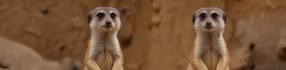Alert meerkat standing upright in zoo enclosure, mammal, habitat