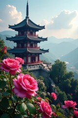 Ancient Chinese pagoda, vibrant pink roses blooming in foreground , summer, stone