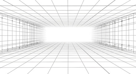 Abstract Geometric Tunnel With Black Lines And White Dots Leading To Bright Light