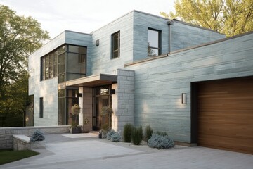 Light blue exterior with large horizontal panels and stone --ar 3:2 --v 7 Job ID: b922fcf6-5927-4743-a393-23883f19398b