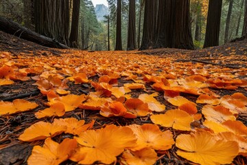 A forest path covered in vibrant orange autumn leaves, creating a stunning natural carpet.