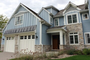 Light blue siding with vertical grooved panels and natural stone --ar 3:2 --v 7 Job ID: c1f99fb4-6c78-4078-9925-1f3ea13569e5