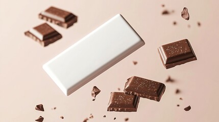 Chocolate bar and pieces on soft pink background for dessert, snack or confectionery product promotion