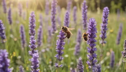 Busy bee gathering pollen from vibrant purple lavender blossoms in sun-drenched meadow , plant, sweet