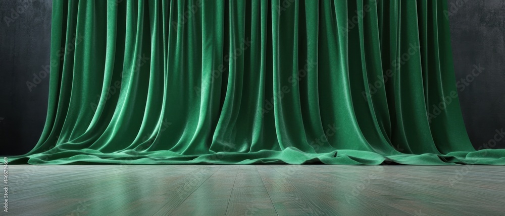 Poster elegant emerald green velvet curtains draping down with soft folds in a studio setting with wood flo