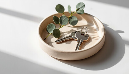 A serene arrangement of keys and a eucalyptus branch on a light tray, illuminated by soft natural light, creating a calming atmosphere in the room