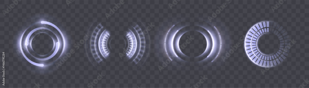 Aufkleber Light effect of round HUD elements with white and purple glow on transparent background. Rotating rings, arcs and radial scales effect for web design.