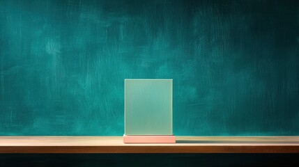 A green rectangular box on a wooden shelf.