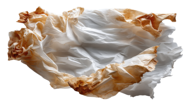 Used Baking Paper: Crumpled baking paper with visible brown stains from baked goods, showing texture and signs of use.