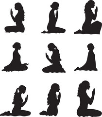 Silhouette Vector Art of Women Praying: Diverse Poses, Meditation, and Spiritual Reflection Graphic Design Element Collection